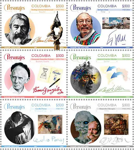 Estampillas de Rodrigo Arenas Betancourt, Enrique Grau, Alejandro Obregón y Cecilia Porras