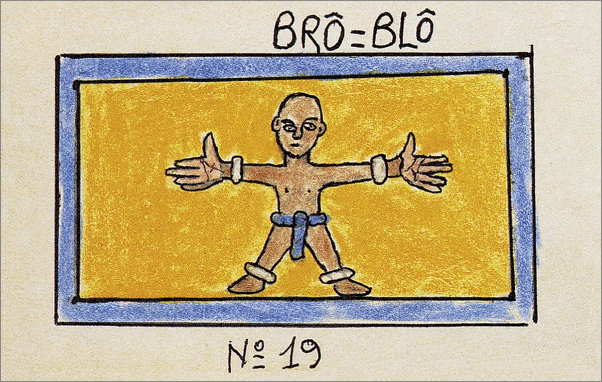 Frédéric Bruly Bouabré. Alphabet Bété, 1990-1991. 448 drawings, colored pencil, ballpoint pen on cardboard. 3 3/4 x 5 7/8 in. (9,5 x 15 cm.). C.A.A.C.- The Pigozzi Collection, Geneva.