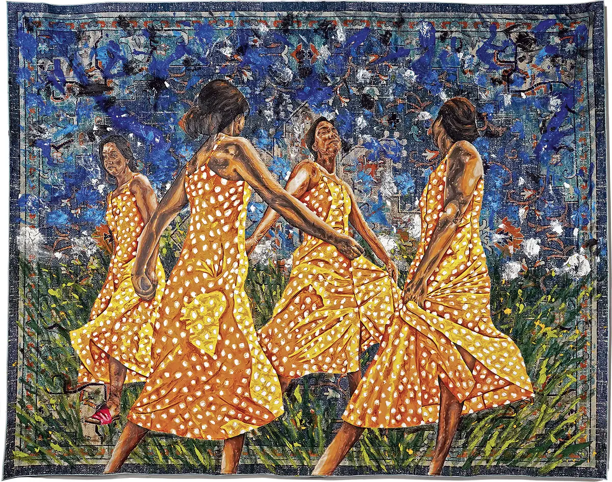 William Osorio. La danza de la razón (The Dance of Reason), 2023. Oil on canvas hand sewn on rug. 144 1/64 x 181 17/64 in. (365.8 x 460.4 cm).