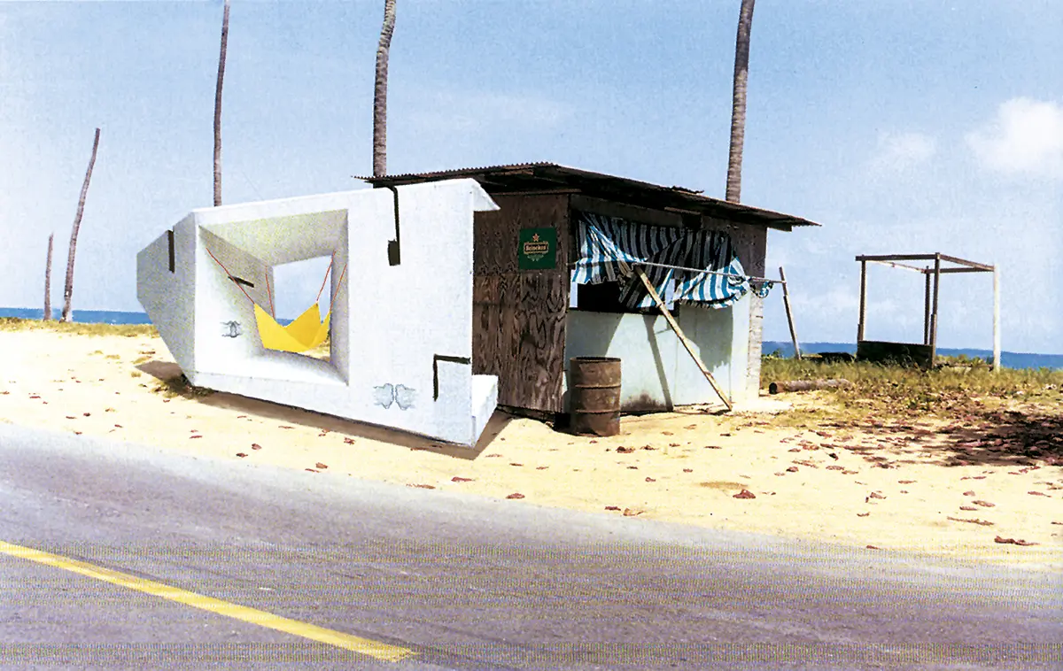 Javier Cambre. Habitat in Transit; Piñónes (In Situ), 2001. Wood, paint, graphite wall drawings, hammock, and wood shack. Variable dimensions.