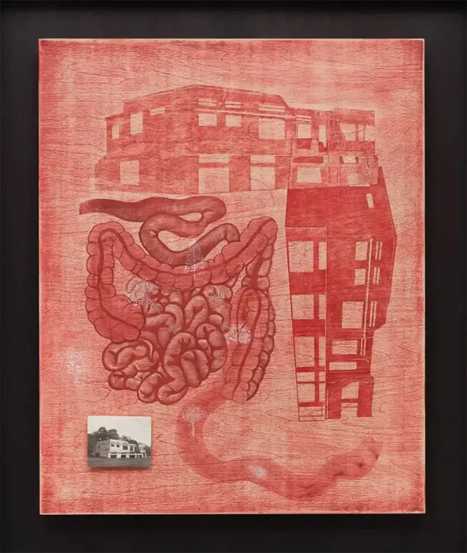 Carlos Garaicoa. From the series Ciudad de Armero, 2021.   Acrylic, pyrography, and printed photograph on bone mounted on birch wood. 39.37 × 31.89 in. Courtesy of Estudio Carlos Garaicoa